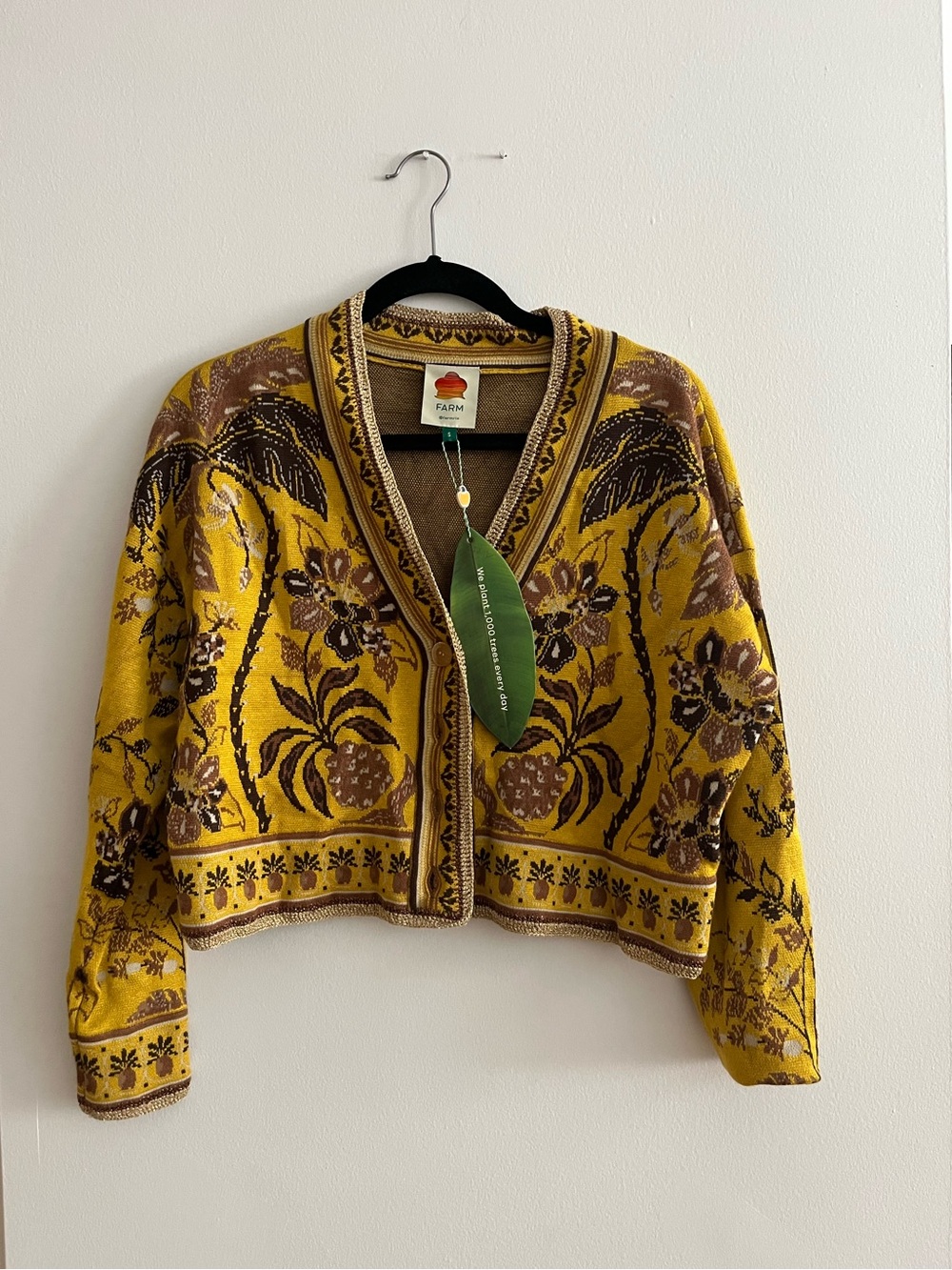 FARM Rio Mustard Floral Jacquard Cropped Cardigan